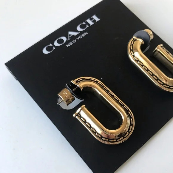 Coach Large Stitched Chain Link Gold Earrings, NWT - Picture 11 of 16